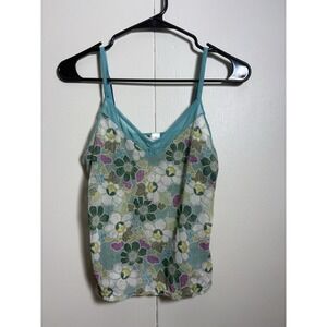 GAP Body Cami Tank Top M Floral Y2K Sheer Lace Trim Green Blue Boho Romance